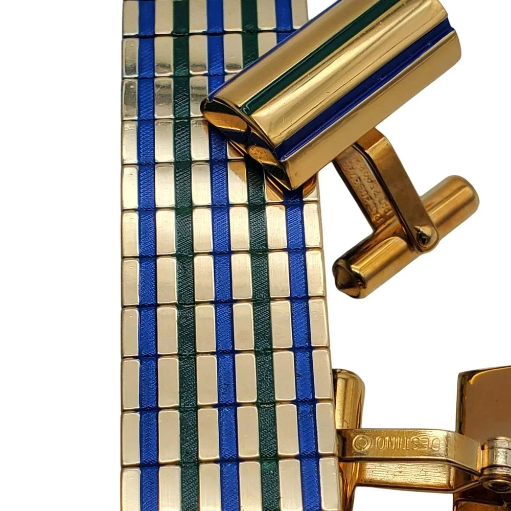Destino Cufflinks Watch Band Blue Green Enamel Stripes 1/20 10K Gold Filled MCM